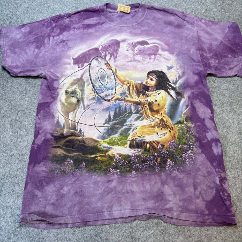 The Mountain Wolf Dreamcatcher Native American Purple Tie Dye T Shirt Large